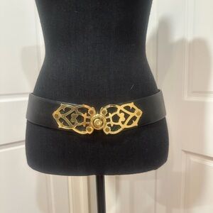 Barney’s New York Intricate Gold Buckle Black Belt.